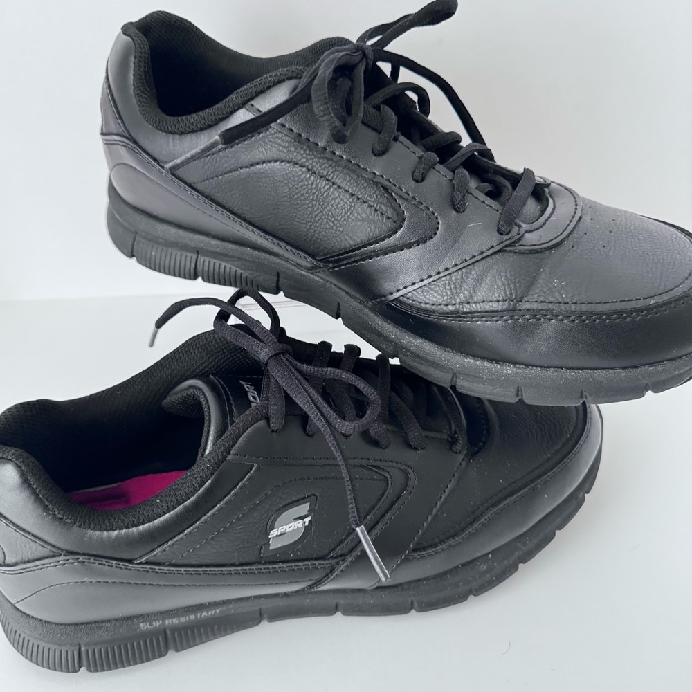 Skechers S Sport Men's Nampa Work Black Faux Leather Slip Resistant Lace Up. NEW